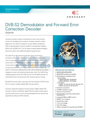 CX24116 datasheet - DVB-S2 Demodulator and Forward Error Correction Decoder
