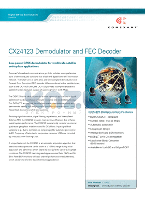 CX24123 datasheet - Demodulator and FEC Decoder Low-power QPSK demodulator for worldwide satellite set-top box applications