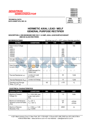 1N5614UL datasheet - HERMETIC AXIAL LEAD / MELF GENERAL PURPOSE RECTIFIER