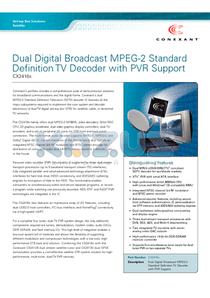 CX2416X datasheet - Dual Digital Broadcast MPEG-2 Standard Definition TV Decoder with PVR Support