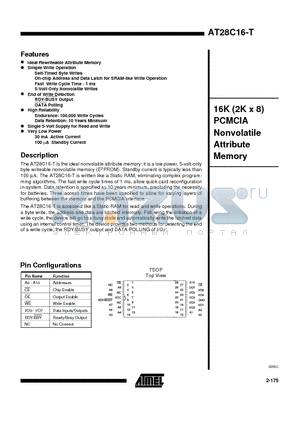 AT28C16-15T datasheet - 16K 2K x 8 PCMCIA Nonvolatile Attribute Memory