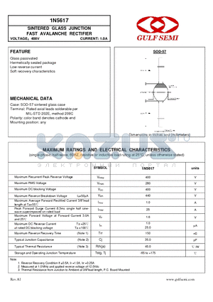 1N5617 datasheet - SINTERED GLASS JUNCTION FAST AVALANCHE RECTIFIER VOLTAGE400V CURRENT: 1.0A