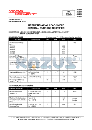 1N5618 datasheet - HERMETIC AXIAL LEAD / MELF GENERAL PURPOSE RECTIFIER