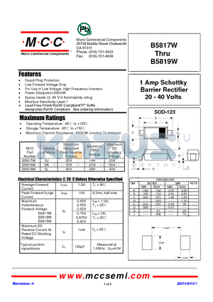 B5818W datasheet - 1 Amp Schottky Barrier Rectifier 20 - 40 Volts