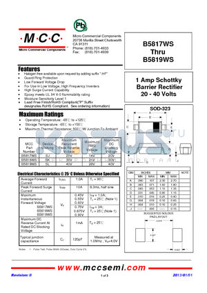 B5817WS datasheet - 1 Amp Schottky Barrier Rectifier 20 - 40 Volts