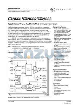 CX28331-3X datasheet - Single/Dual/Triple E3/DS3/STS-1 Line Interface Unit