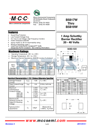 B5819W datasheet - 1 Amp Schottky Barrier Rectifier 20 - 40 Volts