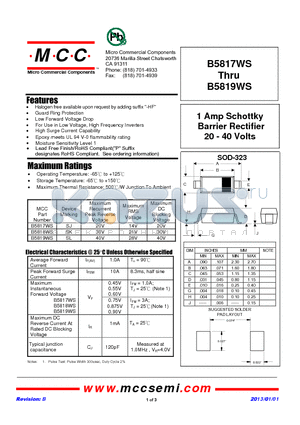 B5819WS datasheet - 1 Amp Schottky Barrier Rectifier 20 - 40 Volts