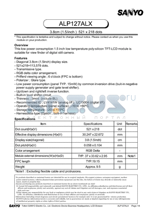 ALP127ALX datasheet - low power consumption 1.5 inch low temperature poly-silicon TFT-LCD module is suitable for view finder of digital still camera.