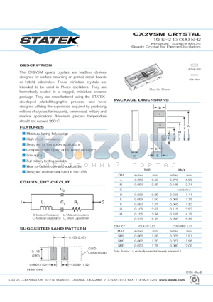 CX2VSM datasheet - Miniature Surface Mount Quartz Crystal for Pierce Oscillators