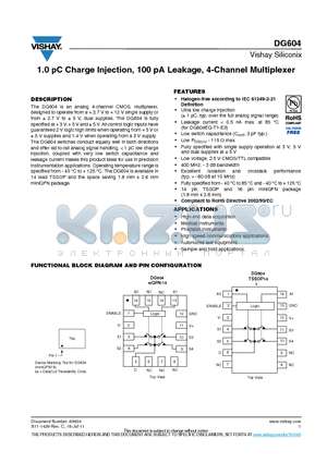 DG604 datasheet - 1.0 pC Charge Injection, 100 pA Leakage, 4-Channel Multiplexer