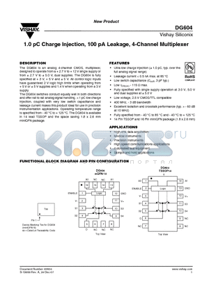 DG604EN-T1-E4 datasheet - 1.0 pC Charge Injection, 100 pA Leakage, 4-Channel Multiplexer
