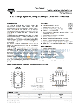 DG611AEY-T1-E3 datasheet - 1 pC Charge Injection, 100 pA Leakage, Quad SPST Switches