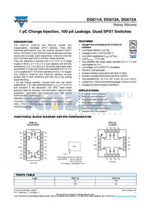 DG611AEY-T1-E3 datasheet - 1 pC Charge Injection, 100 pA Leakage, Quad SPST Switches
