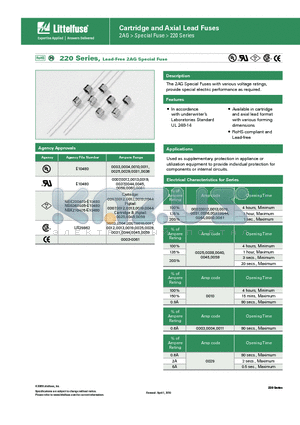 02200003DRT1P datasheet - 220 Series, Lead-Free 2AG Special Fuse