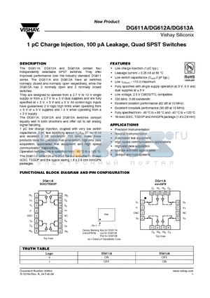 DG612AEY-T1-E3 datasheet - 1 pC Charge Injection, 100 pA Leakage, Quad SPST Switches