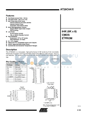 AT28C64X-20JC datasheet - 64K (8K x 8) CMOS E2PROM