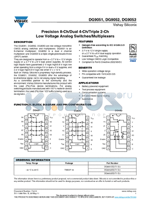 DG9052 datasheet - Precision 8-Ch/Dual 4-Ch/Triple 2-Ch Low Voltage Analog Switches/Multiplexers