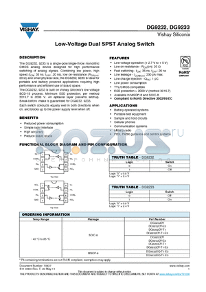 DG9232 datasheet - Low-Voltage Dual SPST Analog Switch