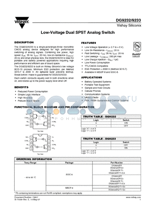 DG9232DY datasheet - Low-Voltage Dual SPST Analog Switch