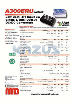 A300ERU datasheet - Low Cost, 4:1 Input 3W Single & Dual Output DC/DC Converters