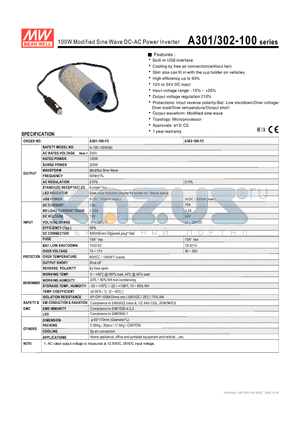 A301-100-F3 datasheet - 100W Modified Sine Wave DC-AC Power Inverter