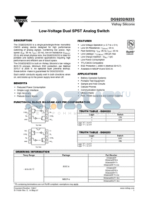 DG9233DY-T1-E3 datasheet - Low-Voltage Dual SPST Analog Switch