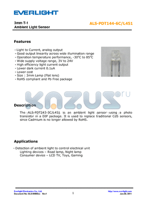 ALS-PDT144-6C-L451 datasheet - 3mm T-1 Ambient Light Sensor