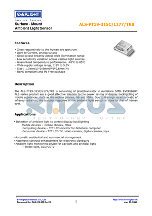 ALS-PT19-315C/L177/TR8 datasheet - Surface - Mount Ambient Light Sensor