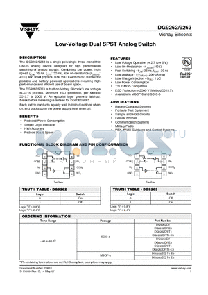 DG9262 datasheet - Low-Voltage Dual SPST Analog Switch