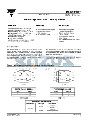 DG9262DQ datasheet - Low-Voltage Dual SPST Analog Switch