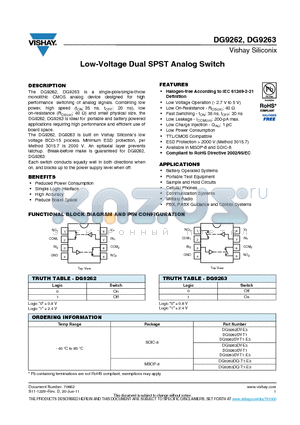 DG9262DY-T1-E3 datasheet - Low-Voltage Dual SPST Analog Switch
