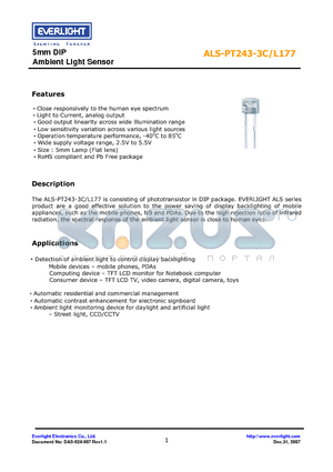 ALS-PT243-3C/L177 datasheet - 5mm DIP Ambient Light Sensor