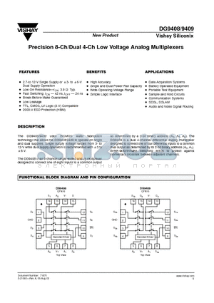 DG9409 datasheet - Precision 8-Ch/Dual 4-Ch Low Voltage Analog Multiplexers
