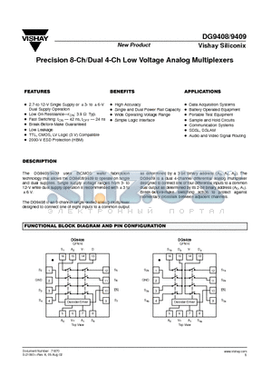 DG9409DN datasheet - Precision 8-Ch/Dual 4-Ch Low Voltage Analog Multiplexers