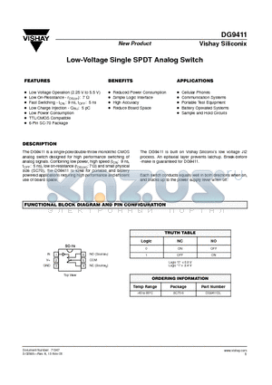 DG9411 datasheet - Low-Voltage Single SPDT Analog Switch