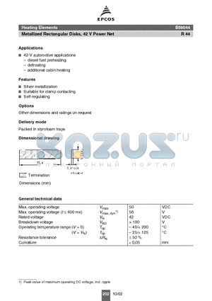 B59044 datasheet - Heating Elements Metallized Rectangular Disks, 42 V Power Net