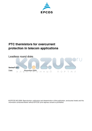 B59044A1120B110 datasheet - PTC thermistors for overcurrent protection in telecom applications