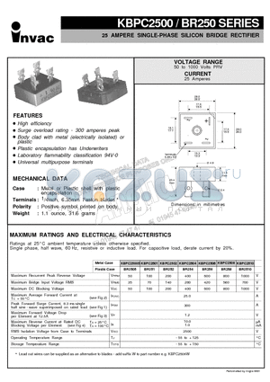 BR2505 datasheet - 25 AMPERE SINGLE-PHASE SILICON BRIDGE RECTIFIER