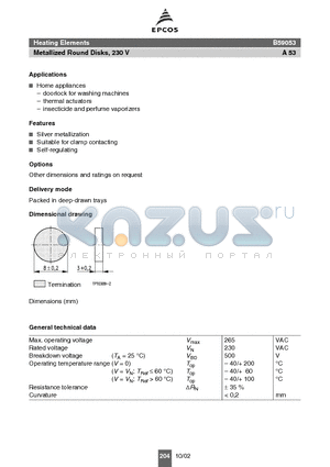 B59053 datasheet - Heating Elements Metallized Round Disks, 230 V