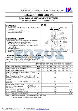 BR2505 datasheet - SINGLE-PHASE SILICON BRIDGE RECTIFIER