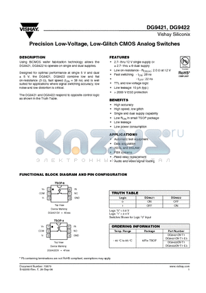 DG9421DV-T1 datasheet - Precision Low-Voltage, Low-Glitch CMOS Analog Switches