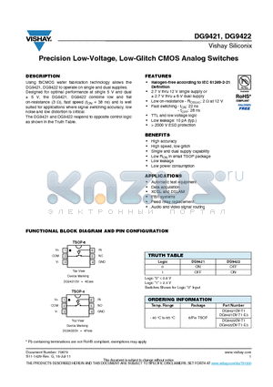 DG9421DV-T1 datasheet - Precision Low-Voltage, Low-Glitch CMOS Analog Switches