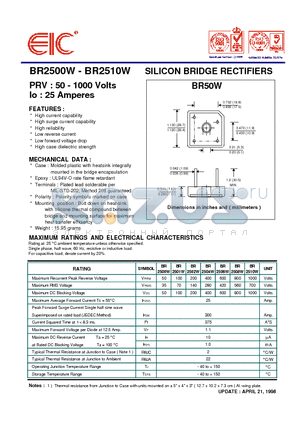 BR2506W datasheet - SILICON BRIDGE RECTIFIERS