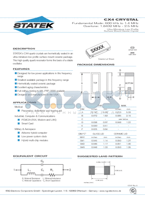 CX4CSM1 datasheet - Fundamental Mode: 600 kHz to 1.4 MHz Overtone: 1.8432 MHz - 2.5 MHz Ultra-Miniature Low Profile Surface Mount Quartz Crystal