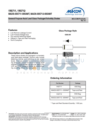 1N5711 datasheet - General Purpose Axial Lead Glass Packaged Schottky Diodes