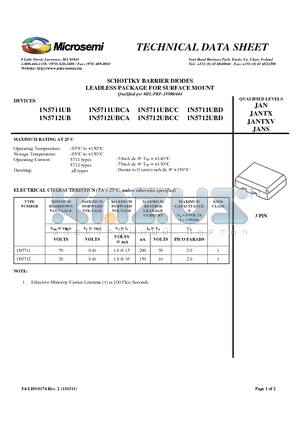 1N5711 datasheet - SCHOTTKY BARRIER DIODES LEADLESS PACKAGE FOR SURFACE MOUNT