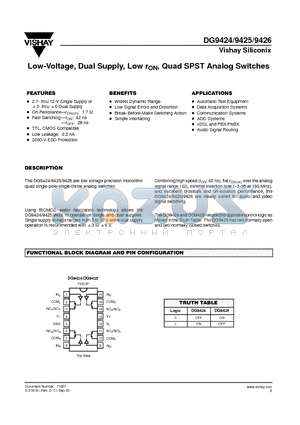 DG9424 datasheet - Low-Voltage, Dual Supply, Low rON, Quad SPST Analog Switches