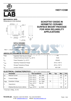 1N5711CSM datasheet - SCHOTTKY DIODE IN HERMETIC CERAMIC SURFACE MOUNT PACKAGE FOR HIGH RELIABILITY APPLICATIONS