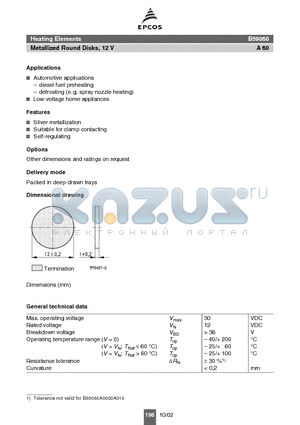 B59060A0080A010 datasheet - Metallized Round Disks, 12 V Heating Elements